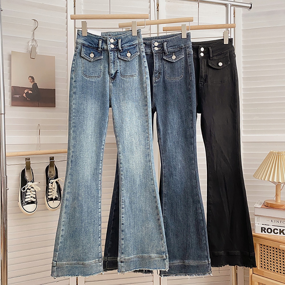 High Waist Women Denim Pants Fashion Korean Slim Flared Trousers Spring Autumn Female Streetwear Tassels Jeans